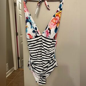 NWT Cupshe Halter Floral and Striped Swimsuit